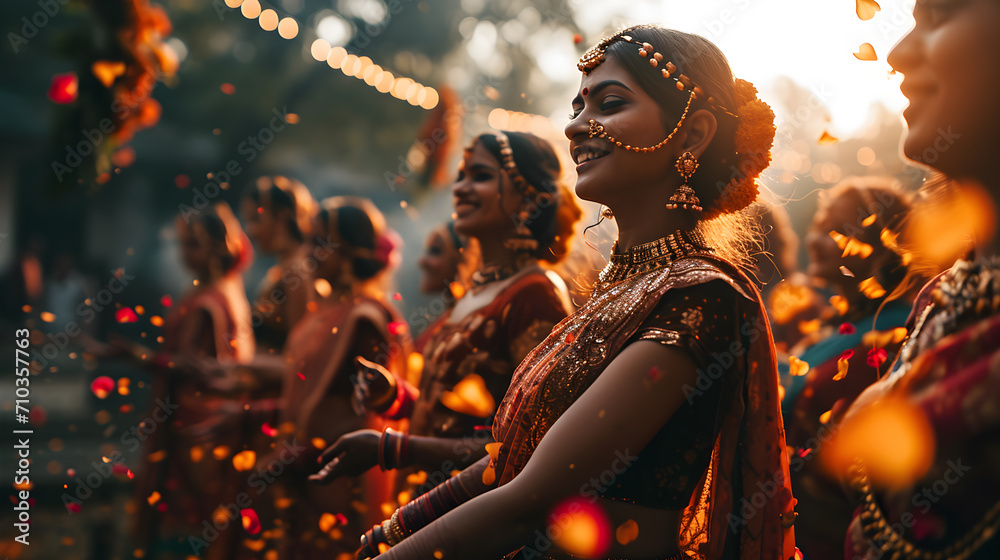 Cloaked in traditional dress and embellished with jewelry, an Indian woman partakes in ceremonial dance at a wedding. Generative AI - obrazy, fototapety, plakaty 