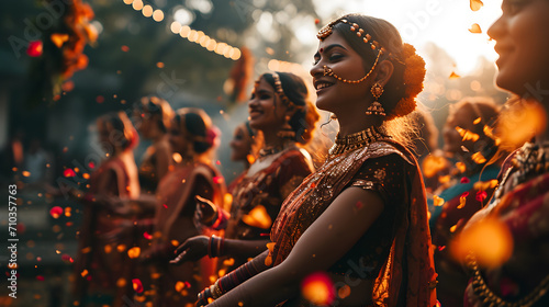 Cloaked in traditional dress and embellished with jewelry, an Indian woman partakes in ceremonial dance at a wedding. Generative AI