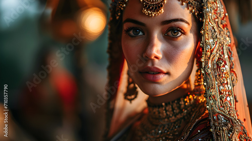 The Indian bride, dressed in traditional attire, showcases the timeless allure of gold jewelry. Generative AI