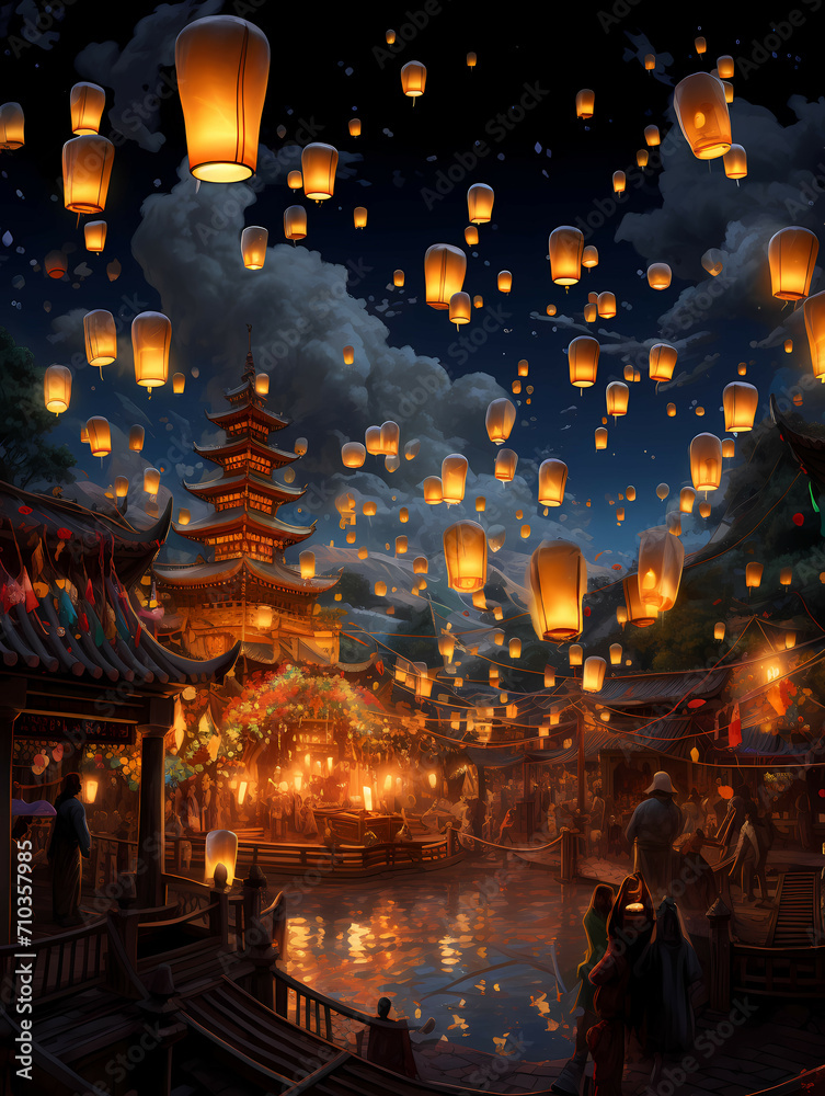 Celebration Scene With 100 Lanterns, A Building With Lanterns In The Sky