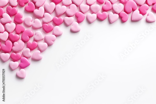 Red end pink hearts on a white background in the form of a frame for Valentine's Day. Valentine's Day Greeting Card. Valentine's Day background.