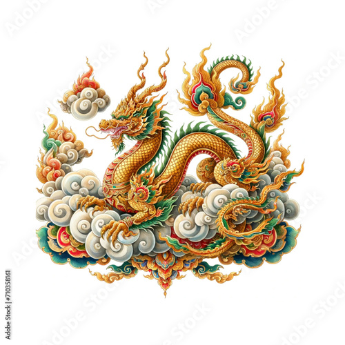 Wallpaper Mural watercolor illustrations of a mythical gold dragon on a cloud, designed in a traditional thai  style center isolated white background. Torontodigital.ca