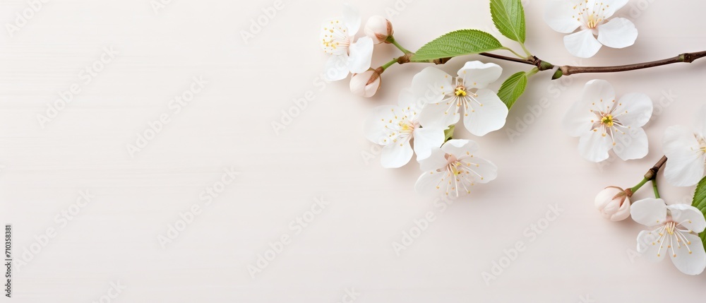 Gentle cherry blossoms branch on a soft neutral backdrop