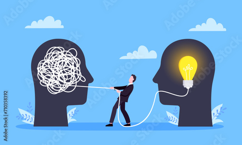 Unravel business chaos process with tangle difficult problem mess business concept flat style design vector illustration. Chaos to order, complex to simple metaphor with person trying solve mess cable
