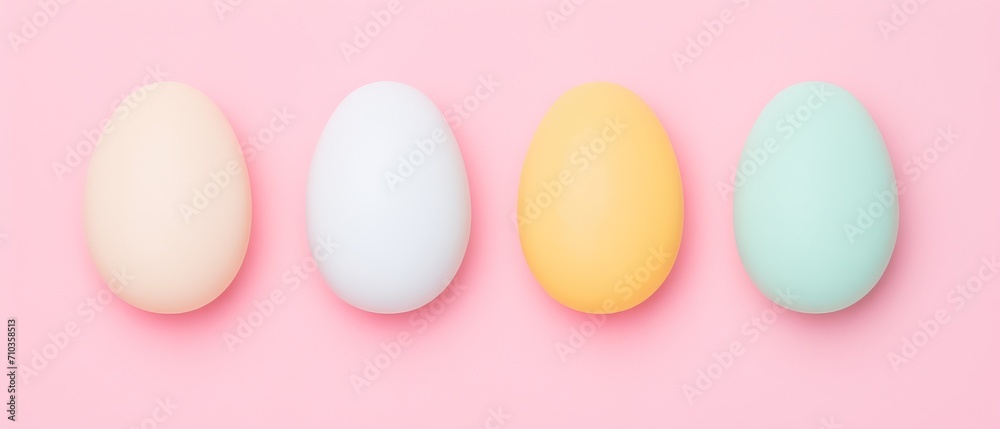 Four pastel-colored eggs aligned on a pink backdrop for Easter Four pastel-colored eggs aligned on a pink backdrop for Easter