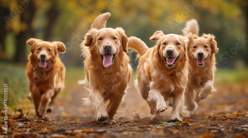 Golden Retriever happy dogs run on the grass toward the camera, outdoor with dogs.