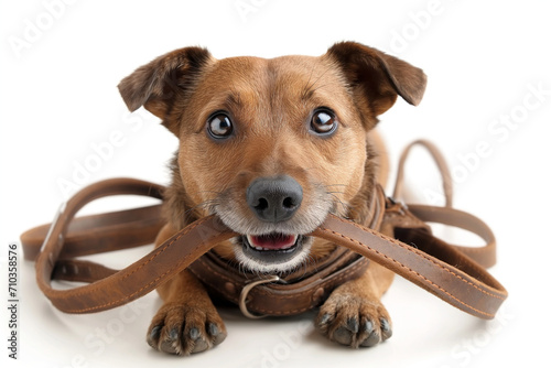 dog carry leather leash in its mouth, waiting to go walkies outside, isolated on white background.
