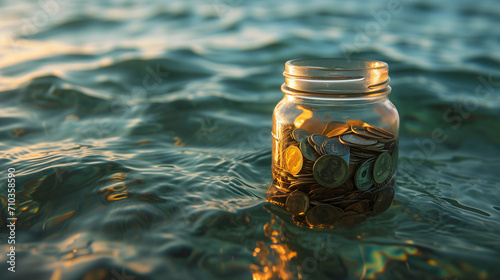 架空のコインが詰まっているガラス瓶が海の上に浮かんでいる