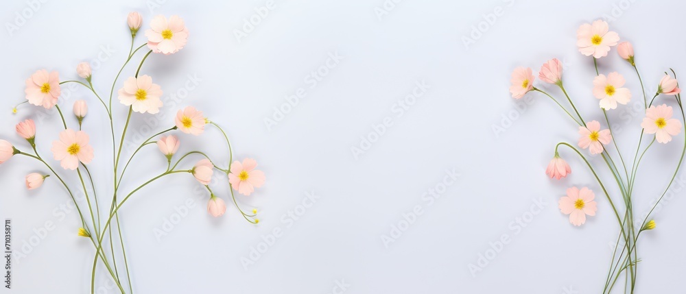 Delicate pink cosmos flowers spread on a white background, creating a peaceful floral scene