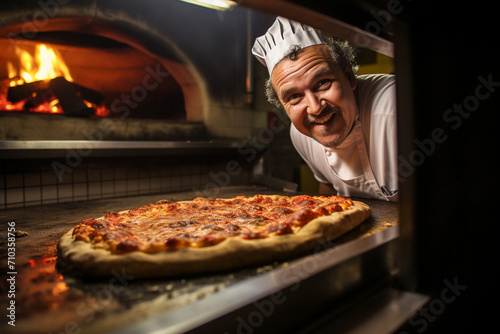 The chef in his Italian restaurant poses next to his freshly made pizza