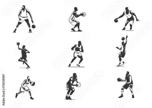 A set of basket ball player, sports, people,playing basket in various poses isolated vector silhouette on white background