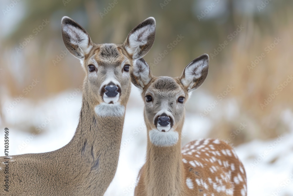 Deer and older woman standing together with plenty of white space around them, baby animals in the wild picture Deer and older woman standing together with plenty of white space around them, baby animals in the wild picture