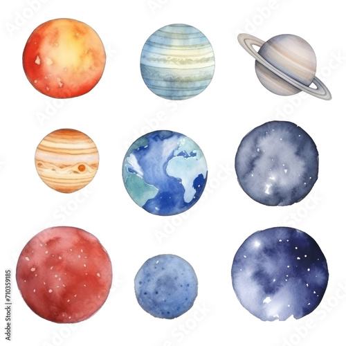 watercolor illustration, planetarium clip art, space elements collection. Set of solar system planets