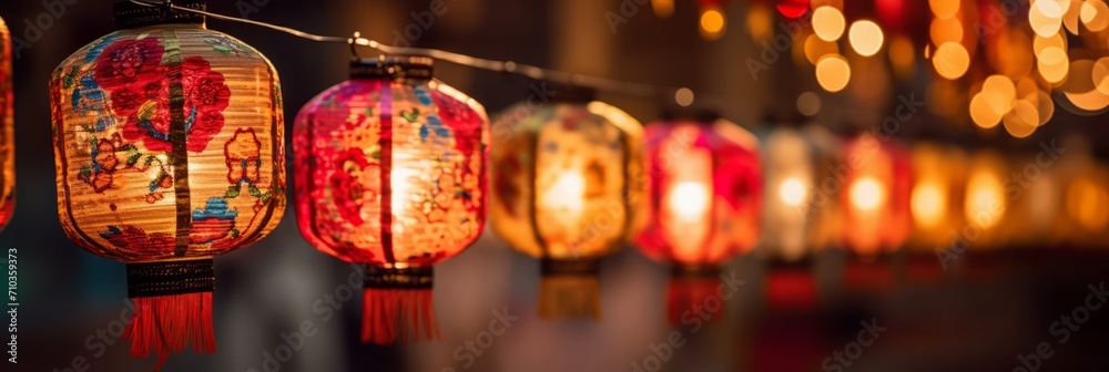 Panoramic view of colorful lanterns floating against a twilight sky over an illuminated cityscape.