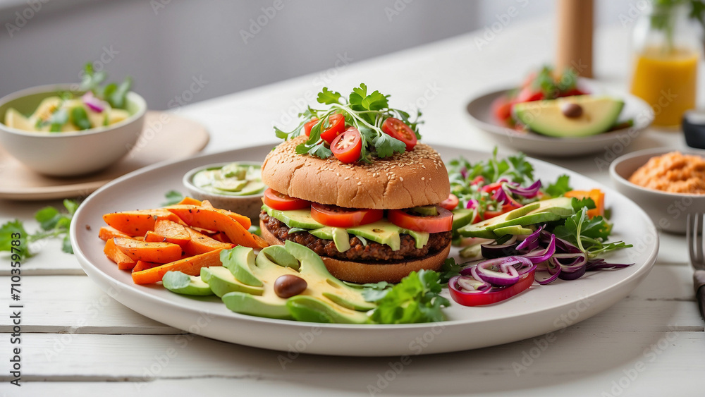vegan cuisine with a diverse and colorful plate on a white wooden table in a restaurant include plant-based delights like vegan burgers, sweet potato fries, avocado salad