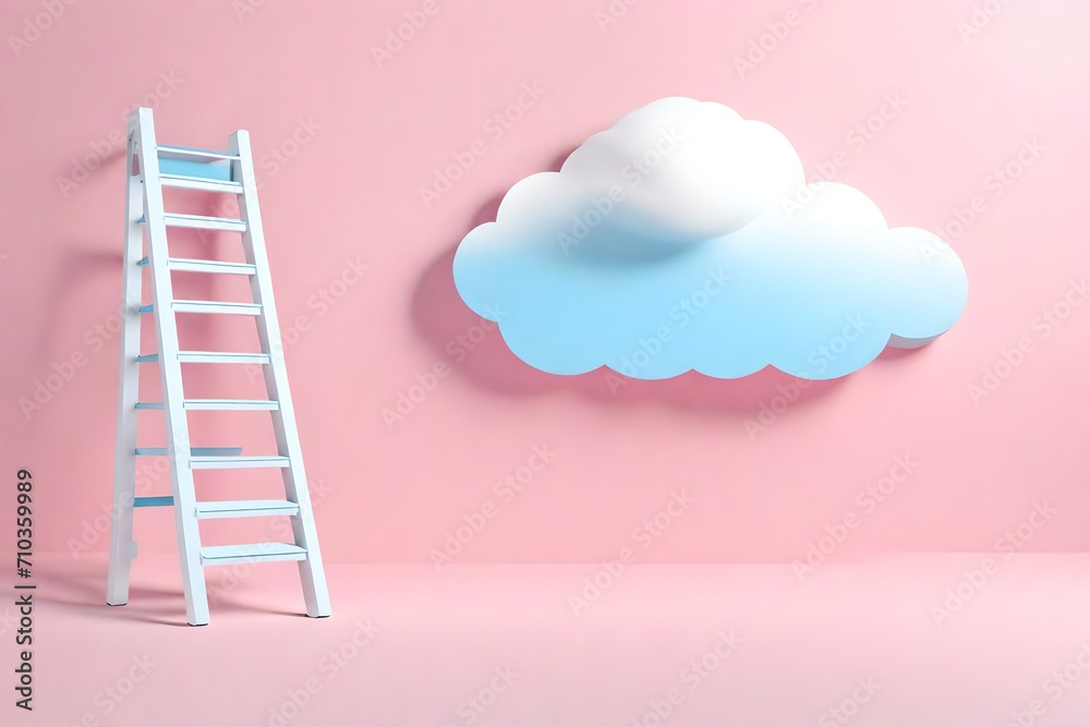 3d render, white fluffy cloud above the blue ladder, isolated on pink background 3d render, white fluffy cloud above the blue ladder, isolated on pink background