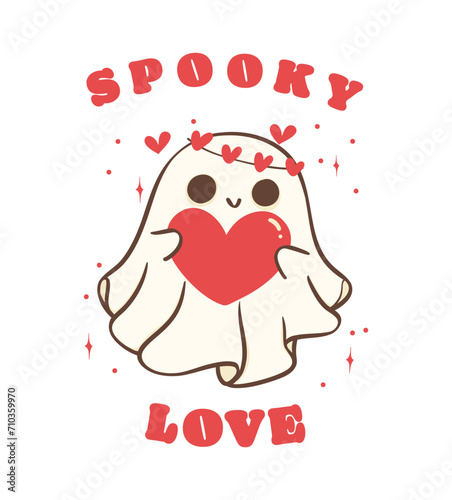 cute retro valentine ghost with heart, Valentine spooky love doodle in kawaii style hand drawing, shirt design. photo
