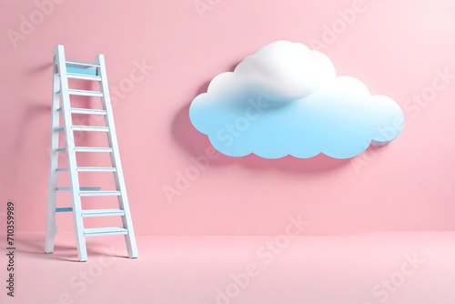 3d render  white fluffy cloud above the blue ladder  isolated on pink background