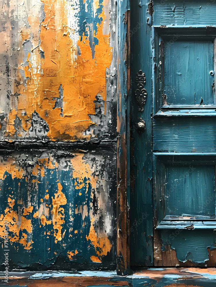 Vintage Wallpaper Design, A Blue Door With Peeling Paint