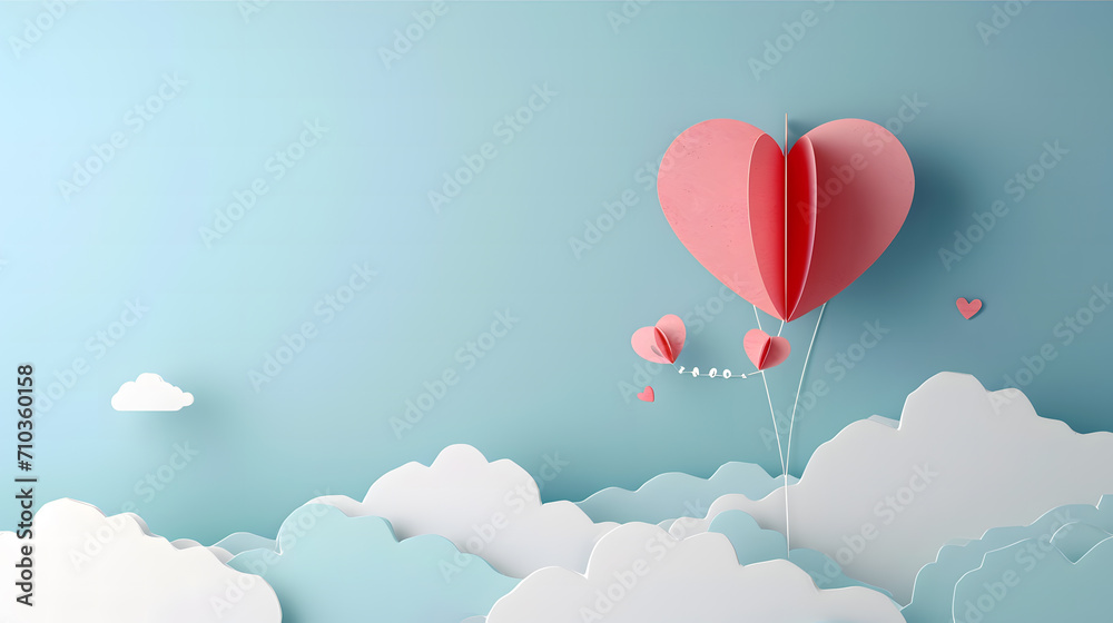 Balloon heart paper cut design on pastel sky and white clouds background, love, heart shape, space for text, powerpoint presentation, valentine's day.
