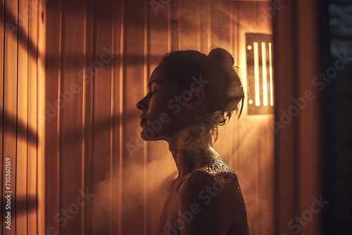 A person sitting in an infrared sauna surrounded by soft, warm light. They're comfortably seated, eyes closed, showing a relaxed expression.