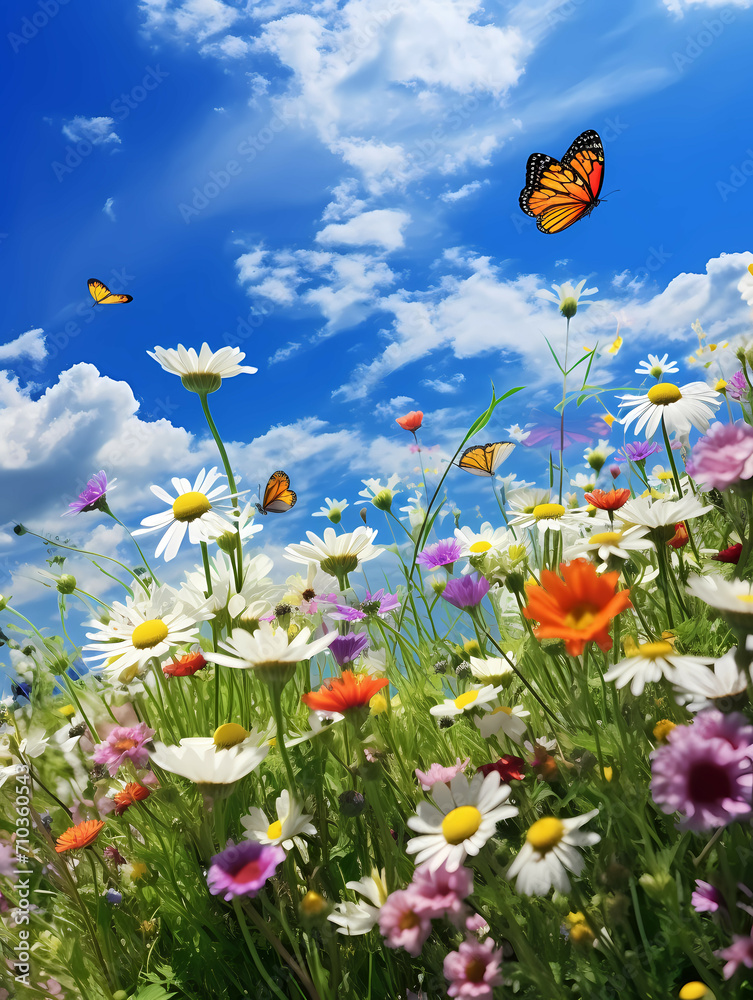 A Meadow Full Of Flowers, A Butterfly Flying Over A Field Of Flowers A Meadow Full Of Flowers, A Butterfly Flying Over A Field Of Flowers