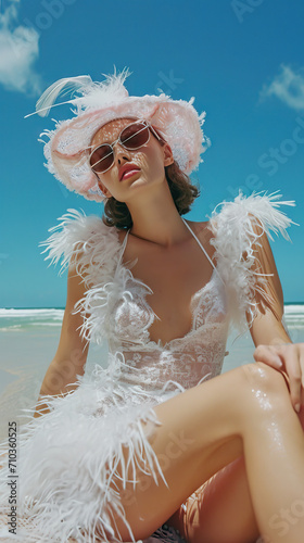 Elegant and trendy fashion portrait on the beach, capturing a stylish model against a beautiful seaside backdrop, perfect for summer style inspiration