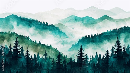 mist-covered mountains - forest landscape in watercolor - painting, art, wall art, mist, forest, trees, mountain, silhouettes, nature, shades, wallpaper, mural