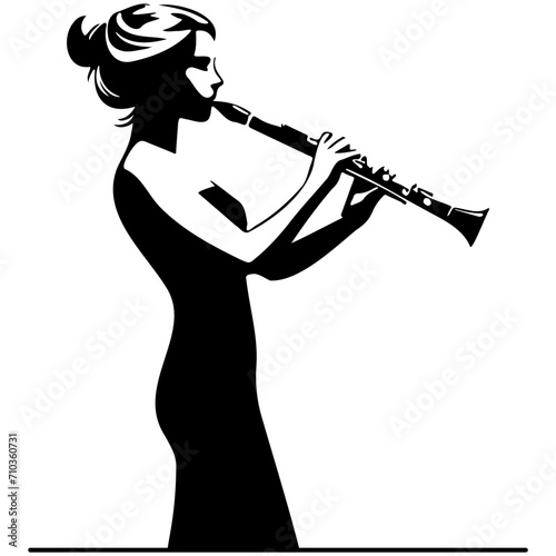 Woman Play Clarinet Line Drawing.