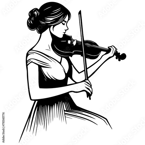 Woman Play Violin Line Drawing.