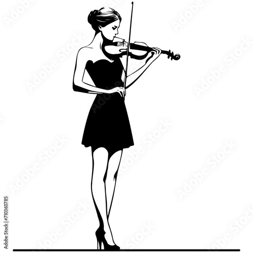 Woman Play Violin Line Drawing.