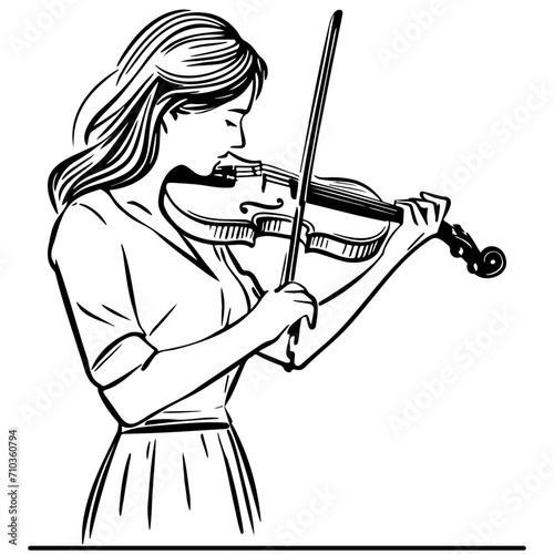 Woman Play Violin Line Drawing.