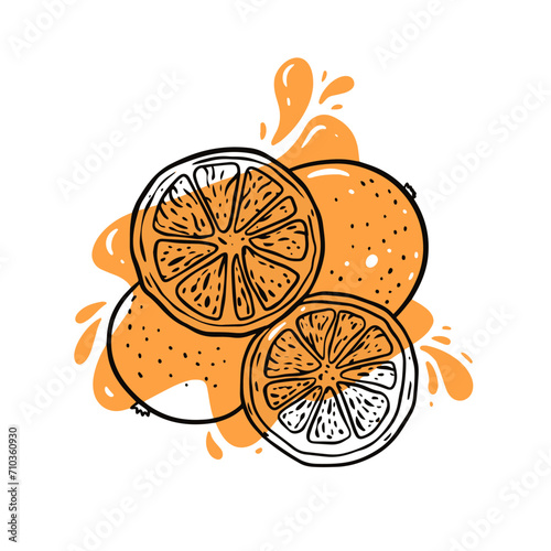 A black and white line art illustration of oranges, accentuated against a backdrop of orange juice splashes, exuding freshness and vibrancy. Ideal for adding zest to your designs