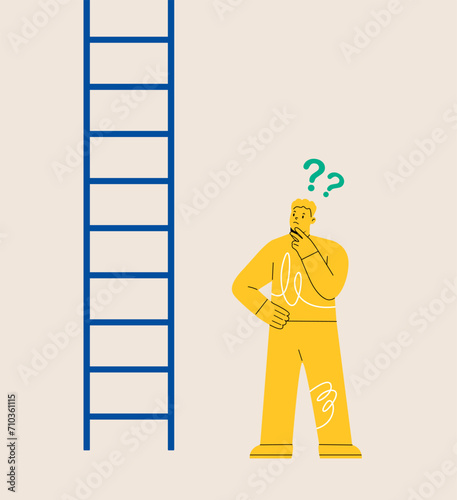 Man looking up the tall ladder. Colorful vector illustration