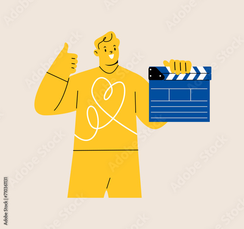 Movie production, man holding a clapper board. Colorful vector illustration