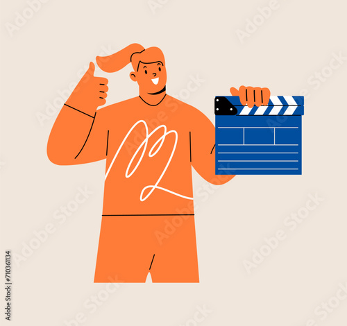 Movie production, woman holding a clapper board. Colorful vector illustration