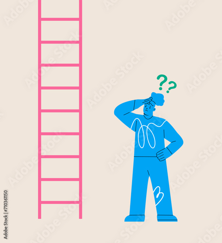 Woman looking up the tall ladder. Colorful vector illustration