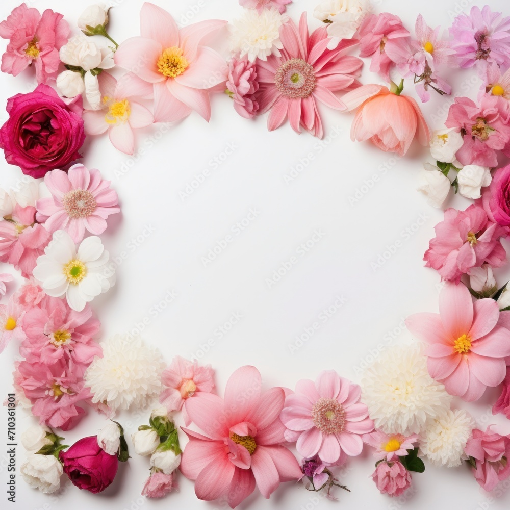 Many pink flowers mixed floral background frame with white space, postcard design, greeting card format.