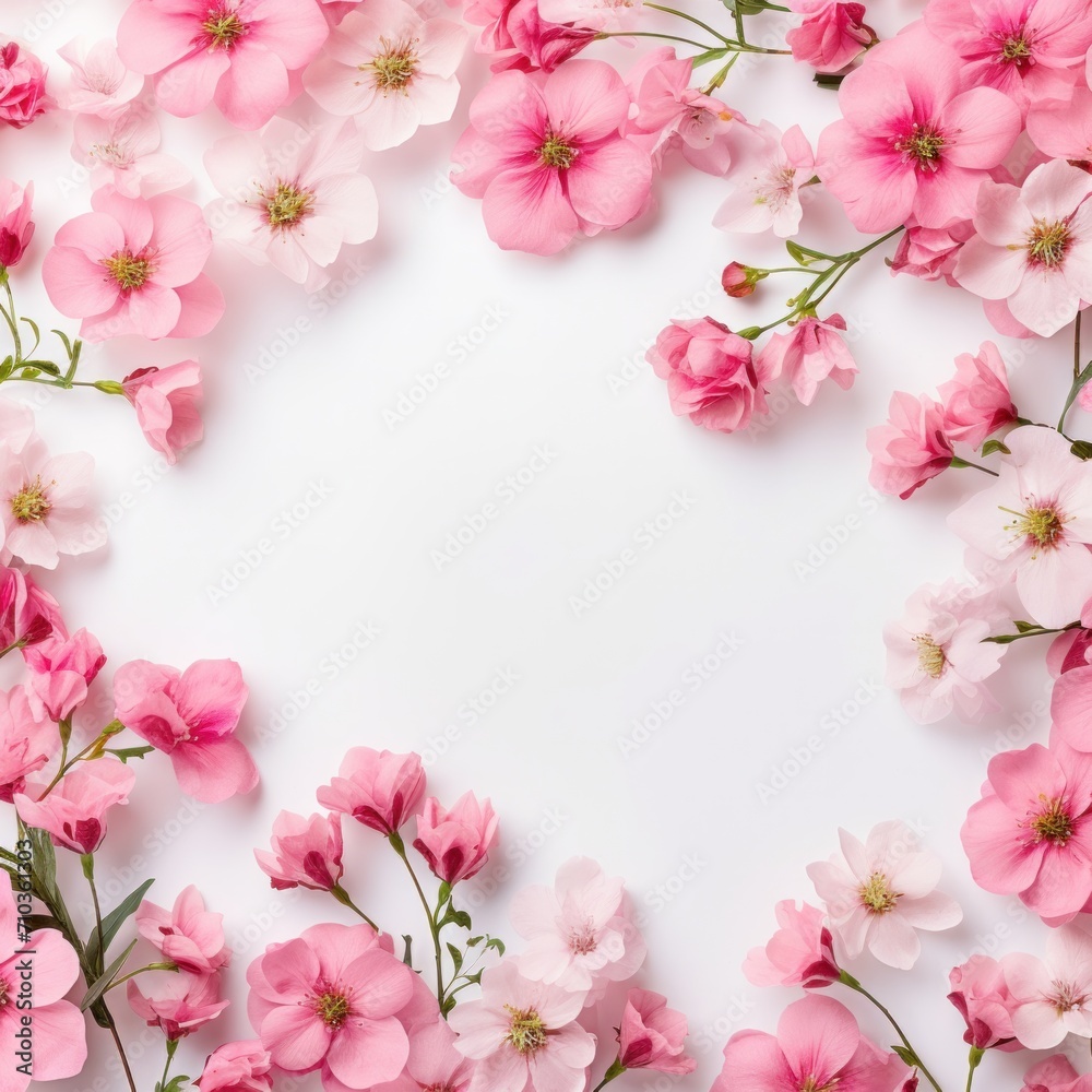 Many pink flowers mixed floral background frame with white space, postcard design, greeting card format.