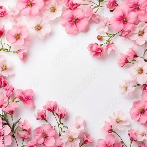 Many pink flowers mixed floral background frame with white space, postcard design, greeting card format. © ORG