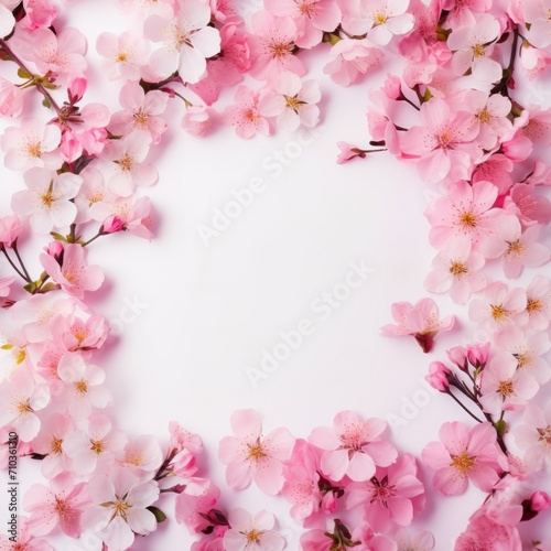 Many pink flowers mixed floral background frame with white space, postcard design, greeting card format.