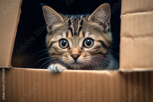Curious tabby cat peeking out from inside a cardboard box, with focus on its wide eyes and whiskers. © Virtual Art Studio