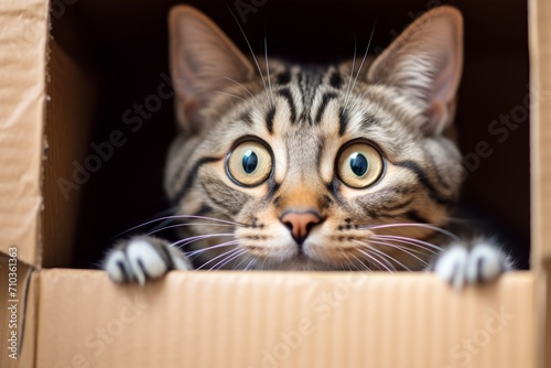 Curious tabby cat peeking out from inside a cardboard box, with focus on its wide eyes and whiskers.