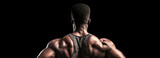 Close-up of a muscular black man, back view of a bodybuilder athlete, isolated on a black background with copy space. Generative Ai.