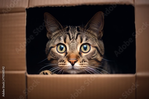 Curious tabby cat peeking out from inside a cardboard box, with focus on its wide eyes and whiskers. © Virtual Art Studio