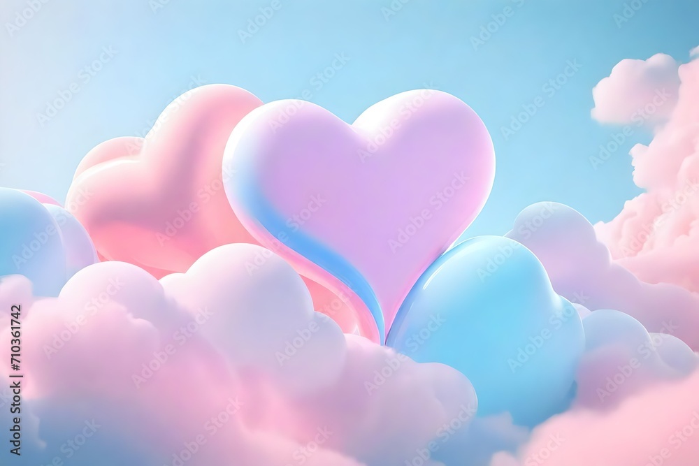 Cloud heart figure shape form in pastel soft blue and pink color tone 3d illustration