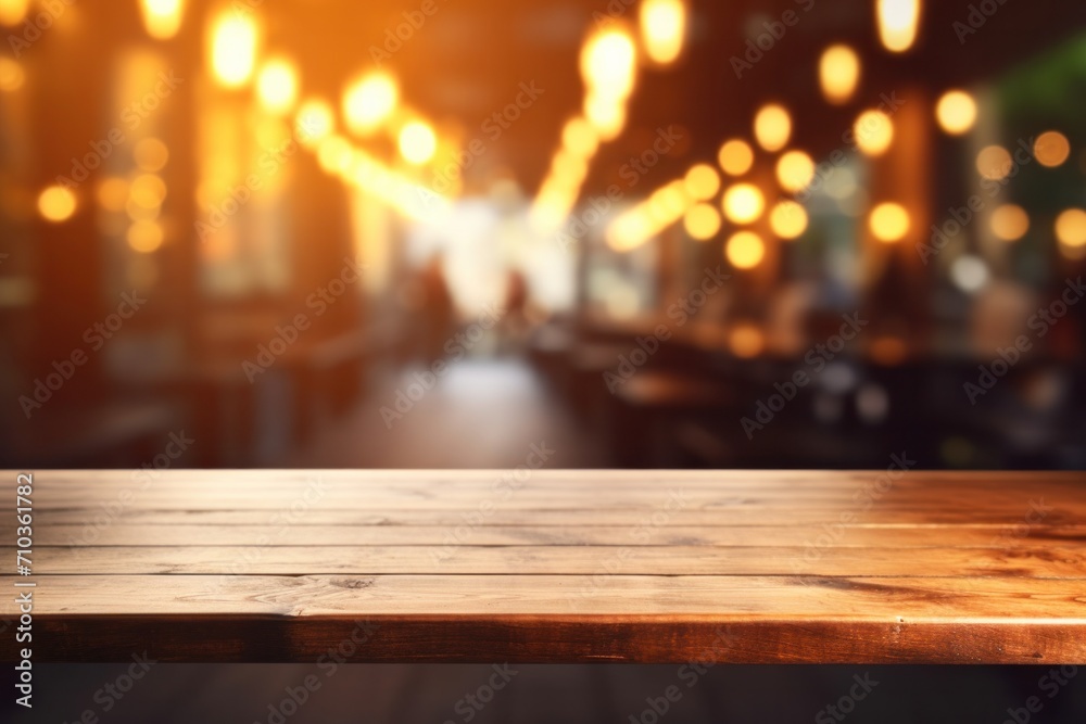 Wooden table in cafe restaurant with bokeh