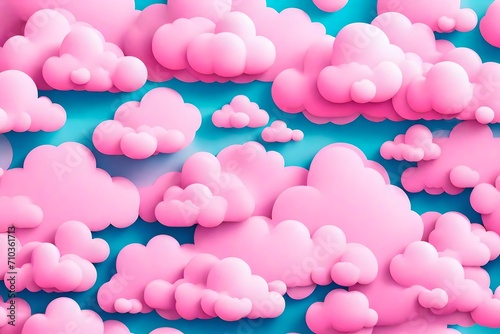 Beautiful Fluffy Clouds on Pink Sky Background. Collection of Cartoon Cumulus Cloud. Render Bubble Cute Circle Shaped Smoke or Cumulus Fog Symbol. Vector Illustration