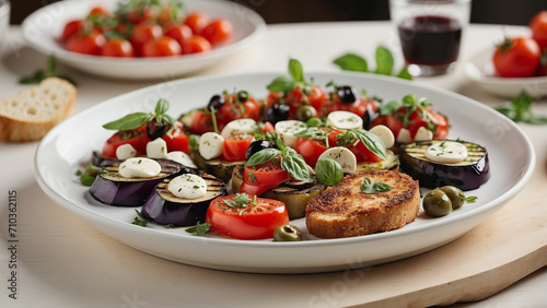 Italian inspired veg food plate on a white wooden table in a restaurant showcase classics like caprese salad, eggplant Parmesan, bruschetta, and a bowl of olives