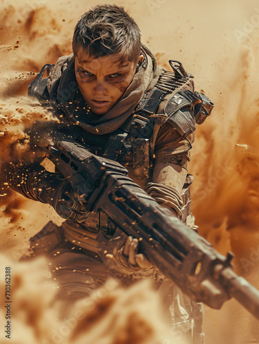 Futuristic female soldier bravely fighting in a sandstorm, a dynamic sci-fi scene showcasing her skill and strength in dystopian warfare